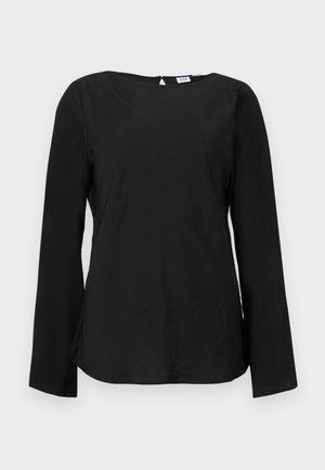 Haut noir à manches longues avec un col rond et un petit détail en forme de goutte à l'arrière. Confectionné dans un tissu lisse avec une coupe décontractée et un ourlet légèrement arrondi.