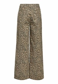 Leopardprint wijde broek in beige en bruin, met een hoge taille, twee achterzakken en een losse, vloeiende pasvorm.