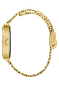 Orologio in metallo dorato con cassa circolare, finitura liscia e cinturino a catena con perline. Presenta un quadrante grigio rotondo e effetti decorativi.