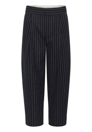 Black pinstriped trousers with a tailored design, featuring a straight leg, waistband, and subtle texture. Mid-calf length.