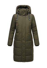 Olive green padded coat with a hood, two front pockets, and dark gray straps. Features a straight silhouette and quilted texture.