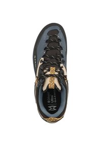 Kiipeilykenkä, jossa on nauhakiinnitys, mustana, sinisenä ja keltaisena. Ominaisuuksiin kuuluu teksturoitu päällinen, vahvistettu varvas ja kantapää, pehmustettu kaulus sekä kumipohja.