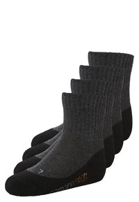 Calzini a maglia nera e grigia scura con texture a coste, suole imbottite e zone rinforzate su tallone e punta. Set di quattro paia.