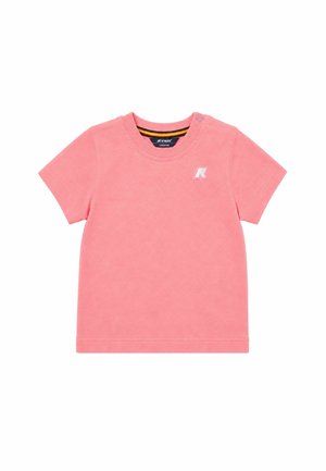 Maglietta rosa per neonati a maniche corte con scollo rotondo, bottone a pressione sulla spalla e piccolo logo bianco del marchio sul petto, taglia 6 mesi.
