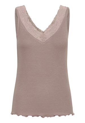 Canotta senza maniche con scollatura a V in un beige tenue, realizzata in tessuto a costine con dettagli in pizzo lungo il collo e orlo ondulato.