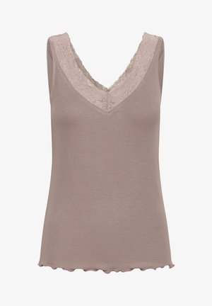 Mouwloze V-hals tanktop in een gedempt beige kleur, vervaardigd van ribbelstof met kantafwerking langs de halslijn en een golvende zoom.