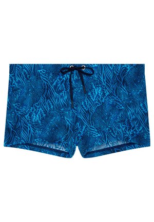 Short de bain bleu avec des motifs de récif corallien bleu foncé et un cordon noir à la taille.