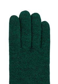 Dark green knitted glove with a textured pattern, showing the top side and all five fingers against a white background.