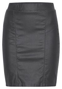 Jupe crayon en simili cuir noir au design ajusté, avec des coutures visibles et une texture lisse. La taille est élastique pour plus de confort.