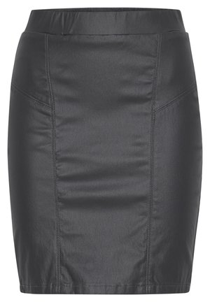 Svart fusk läder blyertkjol med en åtsittande design, som har synliga sömmar och en slät ytstruktur. Midjebandet är elastiskt för komfort.