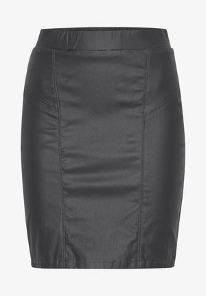 Svart fusk läder blyertkjol med en åtsittande design, som har synliga sömmar och en slät ytstruktur. Midjebandet är elastiskt för komfort.