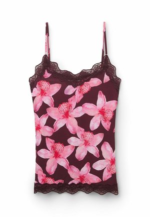 Caraco bordeaux sans manches pour femme avec grand imprimé floral rose et bordure en dentelle sur le col et l'ourlet.