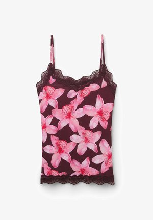 Caraco bordeaux sans manches pour femme avec grand imprimé floral rose et bordure en dentelle sur le col et l'ourlet.