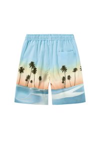 Zilā peldkostīmu bikses ar palmu silueta dizainu, kuram ir ombre efekts, kas pāriet no gaiši zilas uz persiku krāsu. Elastīga josta un aizmugures kabata.