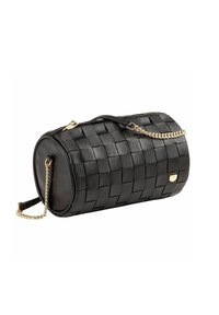 Borsa cilindrica in pelle intrecciata nera con tracolla in metallo. Presenta una texture liscia e un accento in hardware dorato.