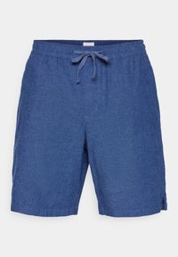 Modré lněné šortky s elastickým pasem a stahovací šňůrkou. Obsahují přední kapsy a boční rozparky na spodním lemu pro snadnost pohybu.