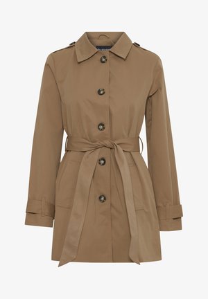 Pruun trench coat vööga, nupuga kinnitusega, soonikkraega, kahe eesmise taskuga ja õlapaeltega; sile tekstuur ja keskmine pikkus.