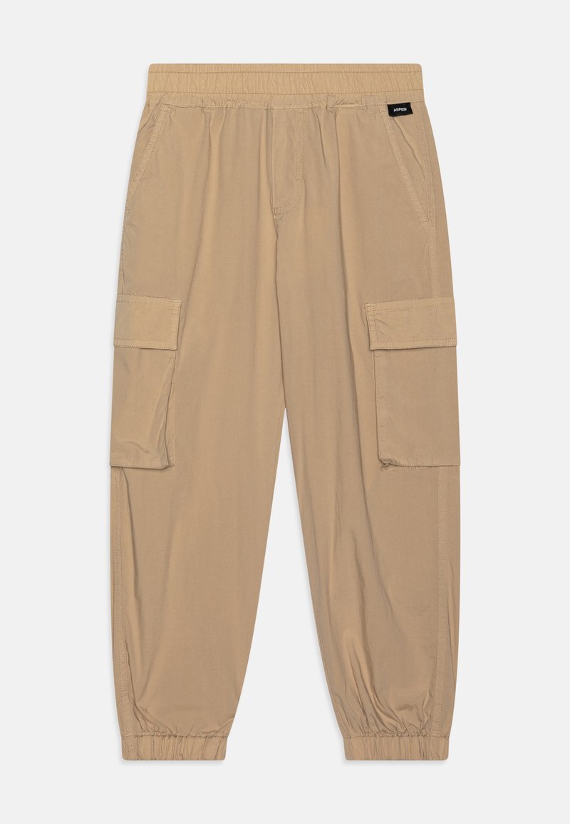 Beige cargo bukser laget av lett stoff, med elastisk midjebånd, to sidelommer og ribbestrikkede mansjetter.