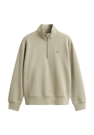 Felpa beige con zip a quarto, maniche lunghe, polsini e orlo a coste, collo alto e piccolo logo ricamato sul petto sinistro.