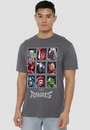 Gray short-sleeve t-shirt featuring a collage of Marvel characters in nine squares and "MARVEL RIVALS" printed below in bold letters.