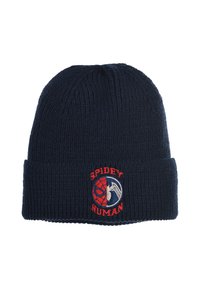 Navy knit beanie with a ribbed texture. Features an embroidered logo combining a spider and human design. Folded cuff detail at the base.
