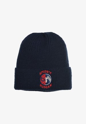 Granatowa wełniana czapka z dzianiny o prążkowanej fakturze. Posiada haftowane logo łączące wizerunek pająka i człowieka. Złożony mankiet u podstawy.