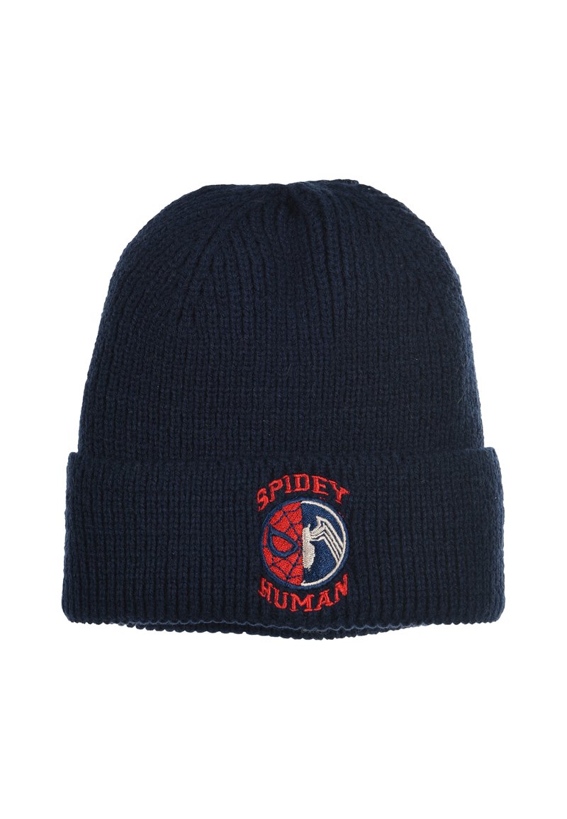 Navy knit beanie with a ribbed texture. Features an embroidered logo combining a spider and human design. Folded cuff detail at the base.