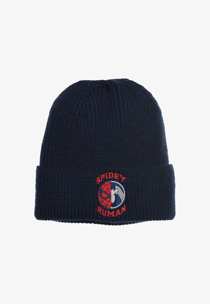 Berretto di lana navy con texture a coste. Presenta un logo ricamato che combina un design di ragno e umano. Dettaglio con risvolto alla base.