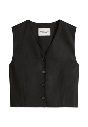 Schwarze ärmellose Weste mit Knopfleiste, V-Ausschnitt und zwei vertikalen Nahttaschen, Etikett mit der Aufschrift Marc O'Polo.