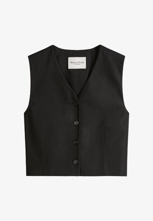 Czarna bezrękawnikowa kamizelka na guziki z dekoltem w serek i dwoma pionowymi kieszeniami w szwach, metka z napisem Marc O'Polo.