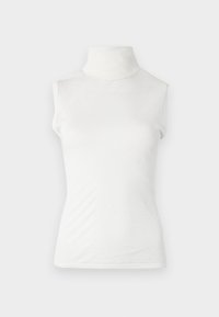 Hvit ermeløs turtleneck topp laget av mykt stoff, med en tettsittende design og ribbestrikket hals. Jevn tekstur uten ekstra mønstre.