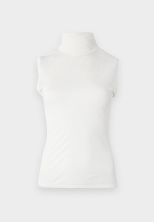 Top bianco senza maniche a collo alto, realizzato in tessuto morbido, con un design aderente e colletto a coste. Texture liscia senza ulteriori motivi.