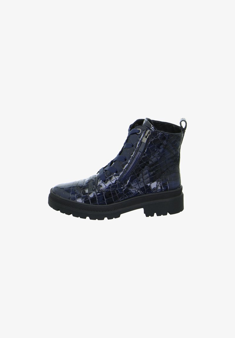 Bottine noire brillante avec motif texturé, lacets à l'avant, fermeture éclair latérale, languette et semelle épaisse et robuste.