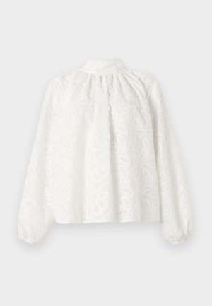 Balta palaidinė ilgomis rankovėmis, aukštu kaklu ir klostėmis. Puošta gėlių siuvinėjimu, su raukšlėmis rankogaliuose, pagaminta iš tekstūrinės medžiagos.