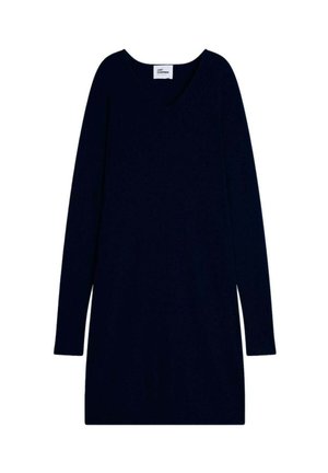 Vestido de suéter de manga larga en azul marino con escote en V, textura acanalada y corte recto, hecho de suave tejido de punto.
