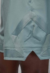 Lyseblå atletiske shorts har et struktureret mønster med et Jordan-logo ovenpå. Designet inkluderer vinklede akcenter og en delt søm.