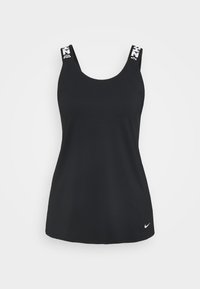 Débardeur athlétique noir avec un col rond, des bretelles  épaisses ornées d'accents de logo blancs, et un tissu lisse et extensible.