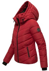 Red puffer jacket with a detachable hood, featuring diagonal quilted panels, black zippered pockets, and elastic cuffs.