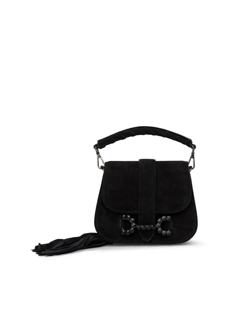 Czarna torebka zamszowa z klapką, plecionym uchwytem u góry oraz dekoracyjnymi czarnymi koralikami. Zawiera odpinany detal w postaci frędzla.