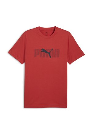 Rdeča bombažna majica s kratkimi rokavi, okroglim izrezom in gladko teksturo, ki prikazuje črni logotip "PUMA" z grafiko leteče pume.