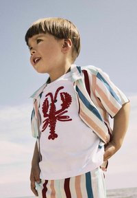 Camisa de manga corta a rayas en colores pastel, combinada con una camiseta blanca con un bordado de langosta roja; pantalones cortos a rayas a juego.