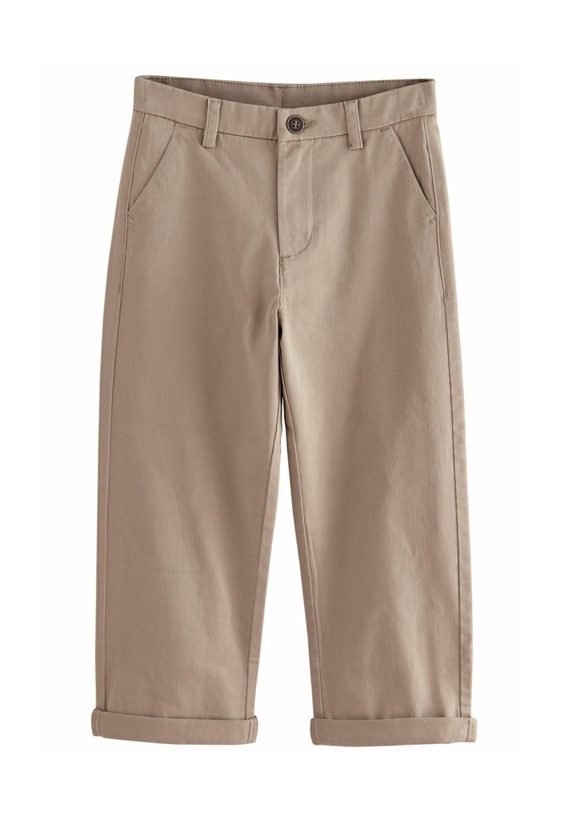 Pantaloni in cotone beige a gamba dritta, con chiusura a bottone, due tasche frontali e orli arrotolati. Texture liscia e minimalismo nei dettagli.
