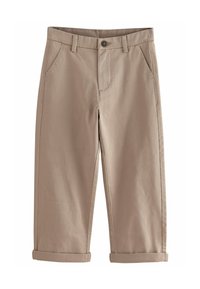 Beige Baumwollhose mit geradem Schnitt, ausgestattet mit zwei Seitentaschen, einem Knopfverschluss und hochgekrempelten Säumen. Glatte Textur über die gesamte Hose.