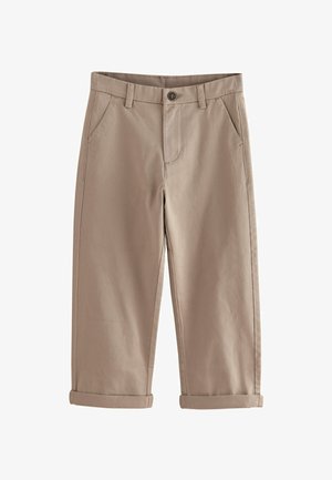 Pantalones de algodón beige con corte recto, que cuentan con dos bolsillos laterales, un cierre con botón y puños enrollados. Textura suave en toda la prenda.