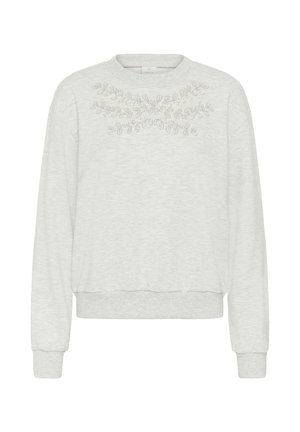 Helles graues Sweatshirt mit Rundhalsausschnitt, das auf der Brust mit filigraner floralem Stickerei in einem leicht dunkleren Farbton verziert ist und gerippten Bündchen.
