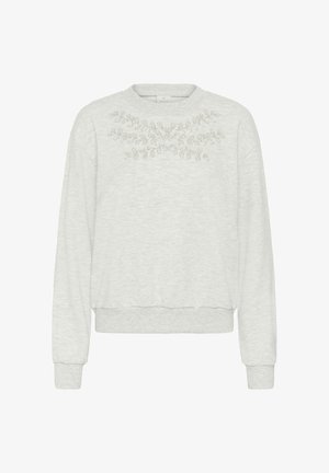 Sweatshirt gris clair avec un col rond, ornée de broderies florales complexes d'une teinte légèrement plus foncée sur la poitrine et de poignets côtelés.