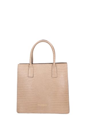 Borsa tote in pelle beige con stampa cocodrillo, dotata di due manici texturizzati, design strutturato e interno liscio. Logo dorato in basso.