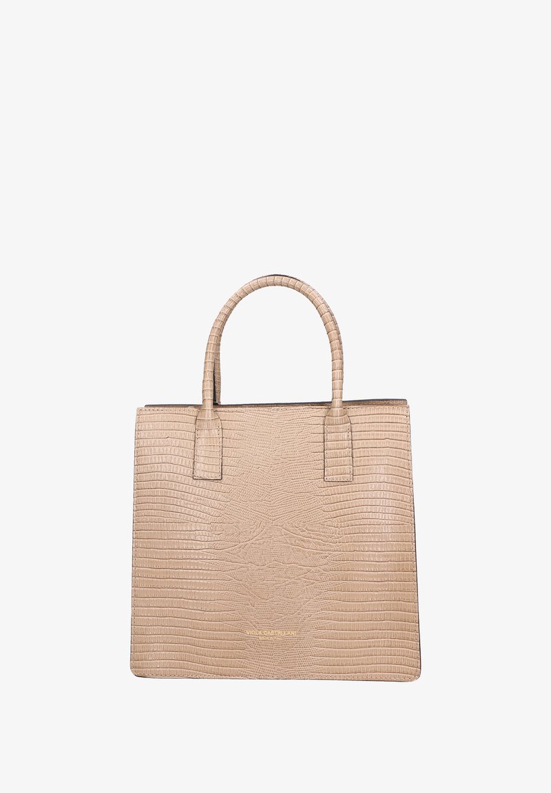 Borsa tote in pelle beige con stampa cocodrillo, dotata di due manici texturizzati, design strutturato e interno liscio. Logo dorato in basso.