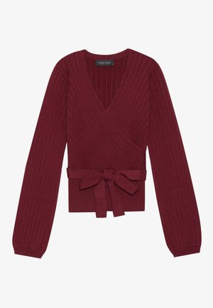 Cardigan a coste bordeaux con maniche lunghe e dettaglio fiocco in vita, etichettato Anna Field.
