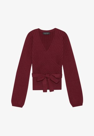 Ribbed knit burgundy wrap sweater with long sleeves and waist tie bow detail, labeled Anna Field.